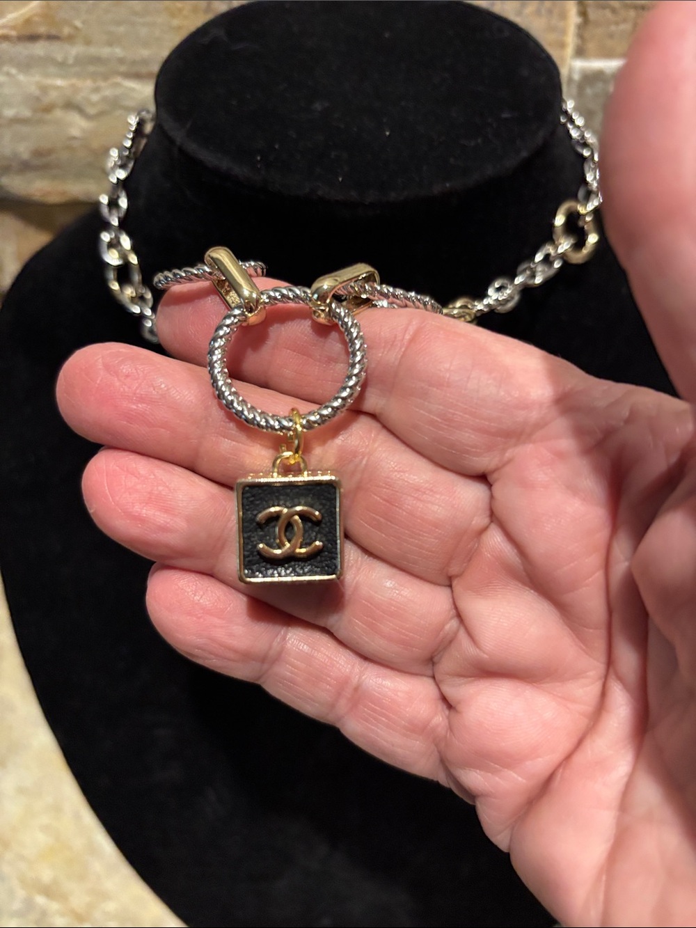 Two-Tone Interlocking Circle Necklace with CC Pendant - Gold & Silver - Picture 2 of 9